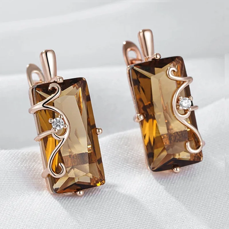 Wbmqda Brown Square Stone Drop Earrings For Women 585 Rose Gold Color High Quality Daily Party Jewelry Accessories