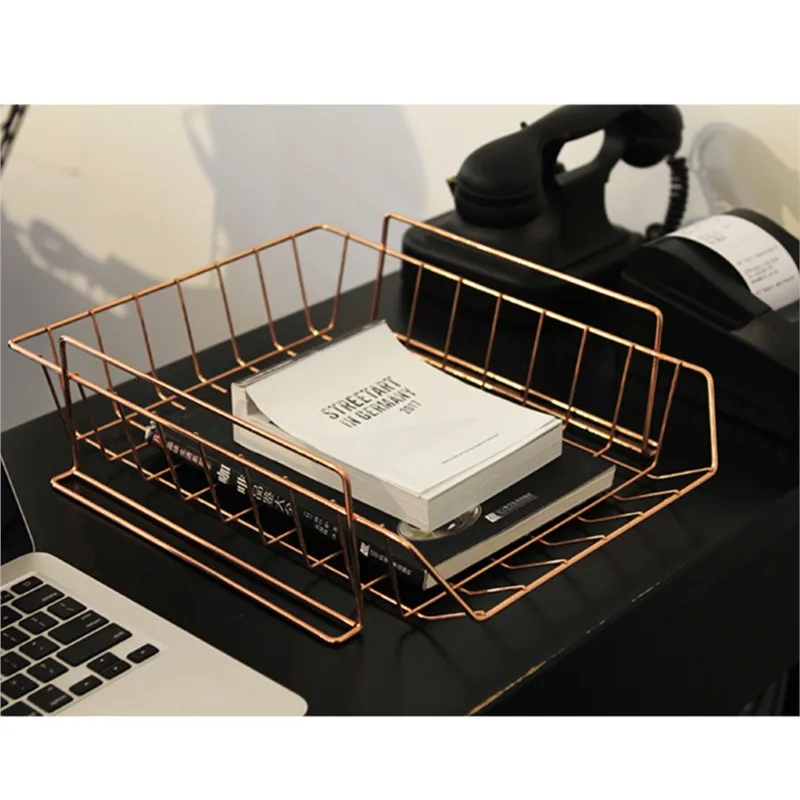 

Rose Golden Office School Supplies Desk Accessories Organizer File Tray Mesh Wire Metal Document Tray Stackable File Tray