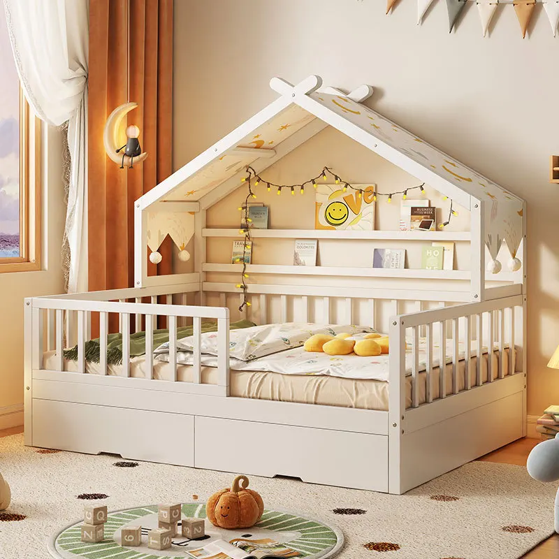 Letto da principessa per ragazza Be D per bambini in legno massello completo piccolo con rimorchio guardrail per uso domestico letto singolo per bambini casa sull'albero per ragazzi Be D