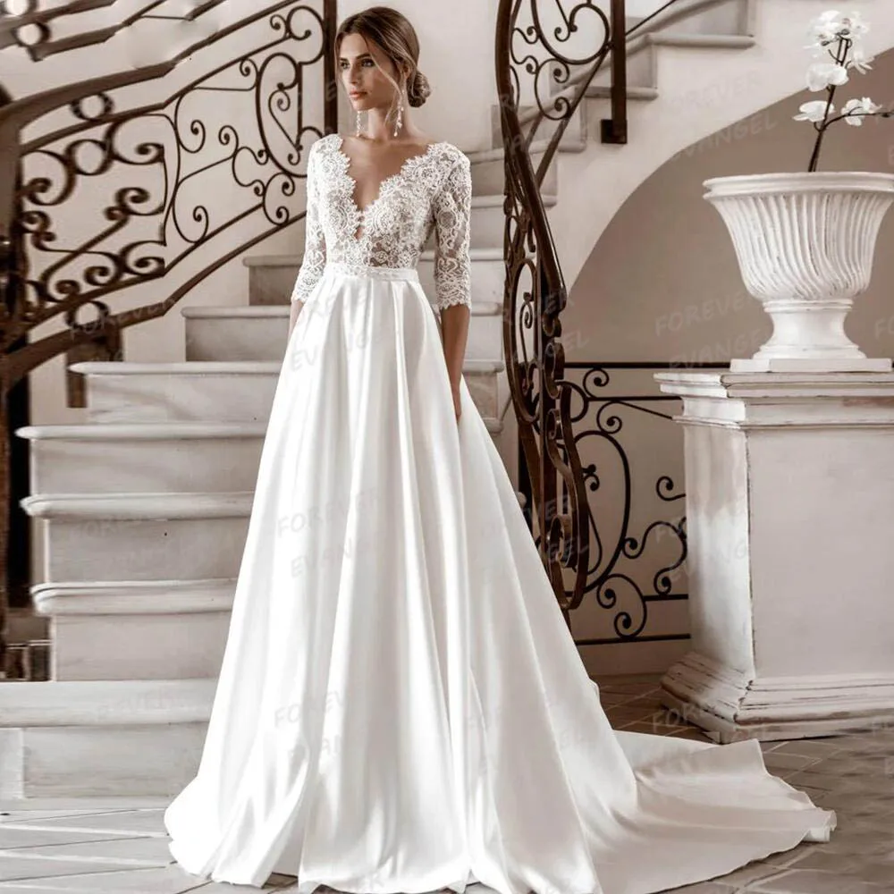 

Luxury Wedding Dresses 2025 Woman's A Line Sexy V Neck Appliques Half Sleeve Bride Gowns Pleat Satin Elegant Vestidos De Noche