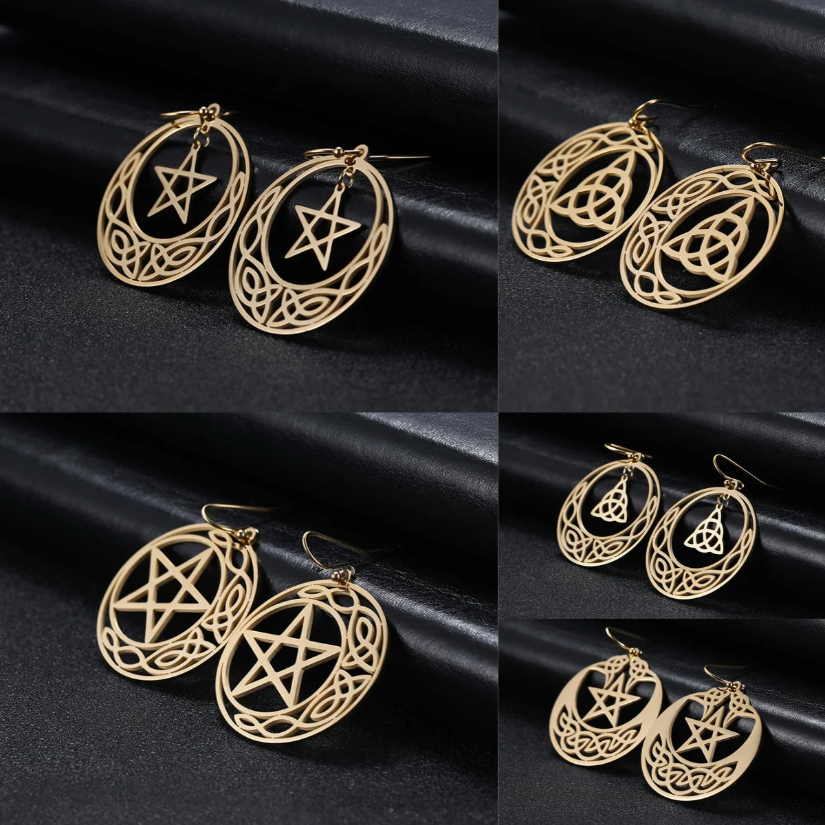 Kkjoy New Stainless Steel Gold Color Hollow Pentagram Moon Celtic Knot Pendant Earrings For Women Amulet Fashion Jewelry Gifts