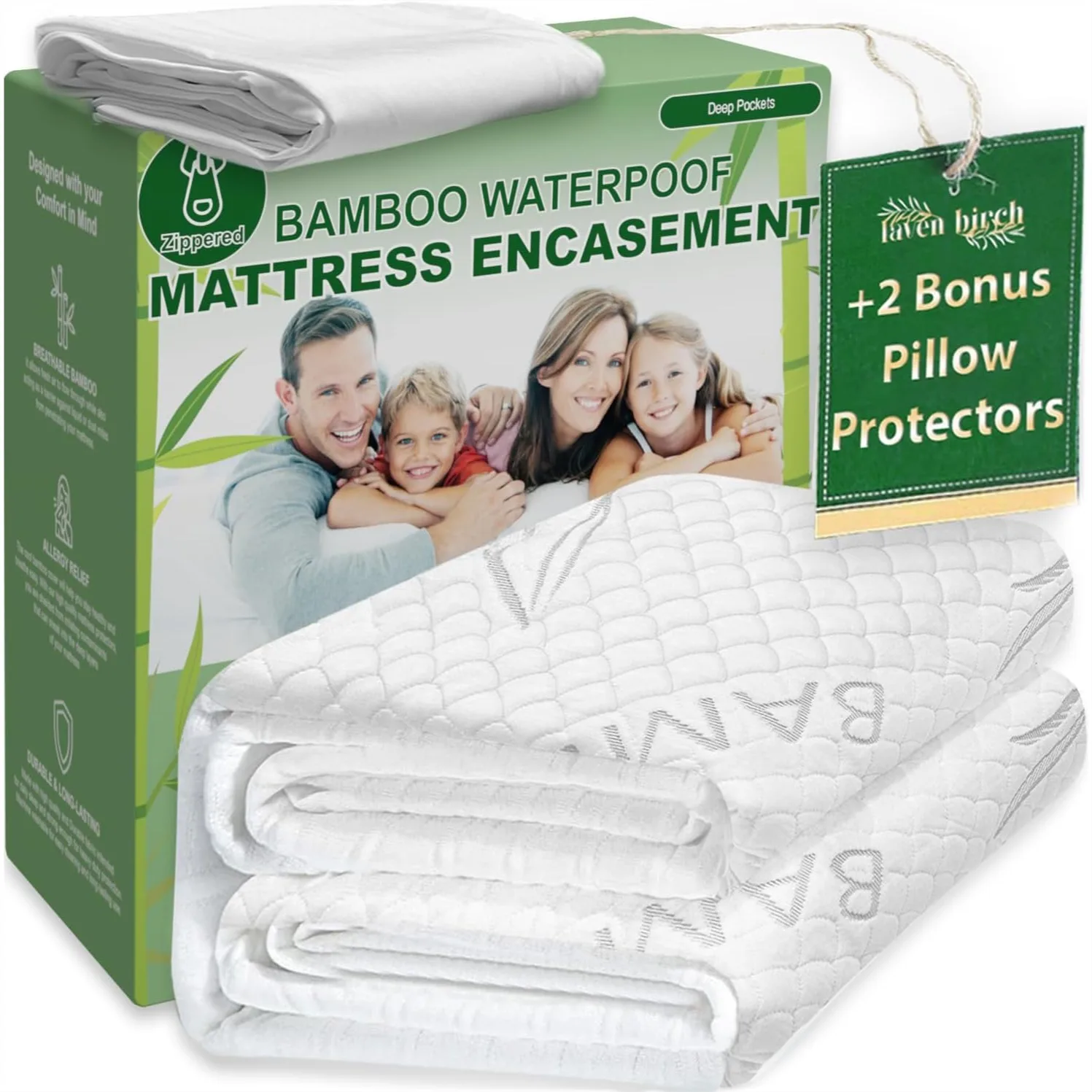 

Waterproof Queen Mattress Protector with Zipper - Cooling Breathable Bamboo Rayon Cover, Noiseless, Includes 2 Pillow Protectors