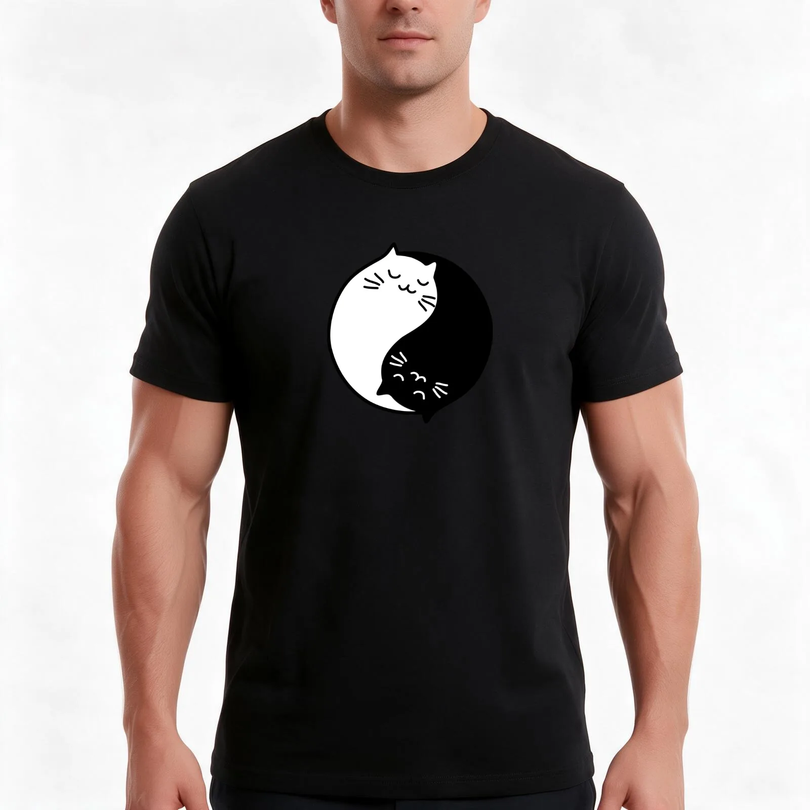 Cute yin yang cats T-Shirt, Summer Casual Cotton Tee, Oversized Streetwear Tops, Vintage Graphic Print, Loose Fit Short Sleeve