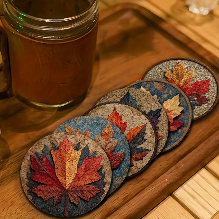 2D Maple Leaf 6PCS 10CM Wooden Coaster Heat Insulation Non-Slip Autumn Fall Decor for Cafe Office Home Party Seasonal Decor Gif