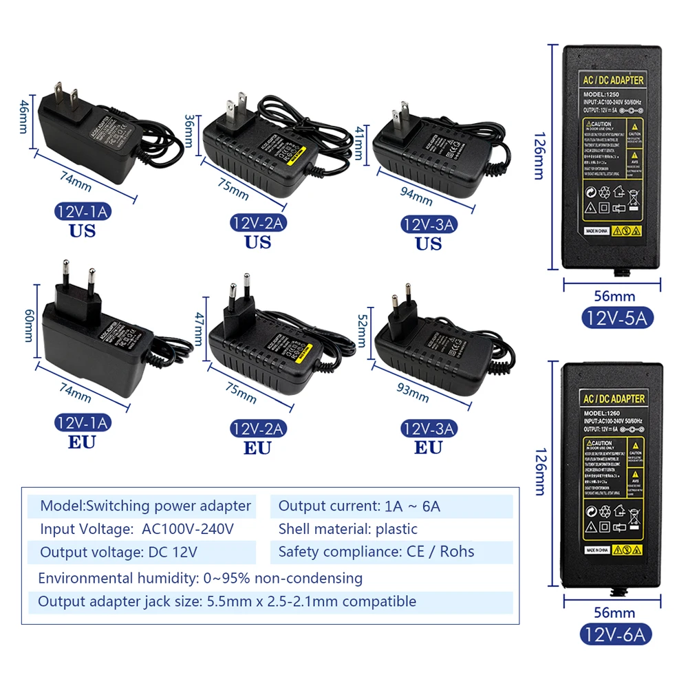 AC 110-240V DC 12V 1A 2A 3A 5A 6A Universal Power Adapter Supply Charger adaptor Eu Us for LED light strips