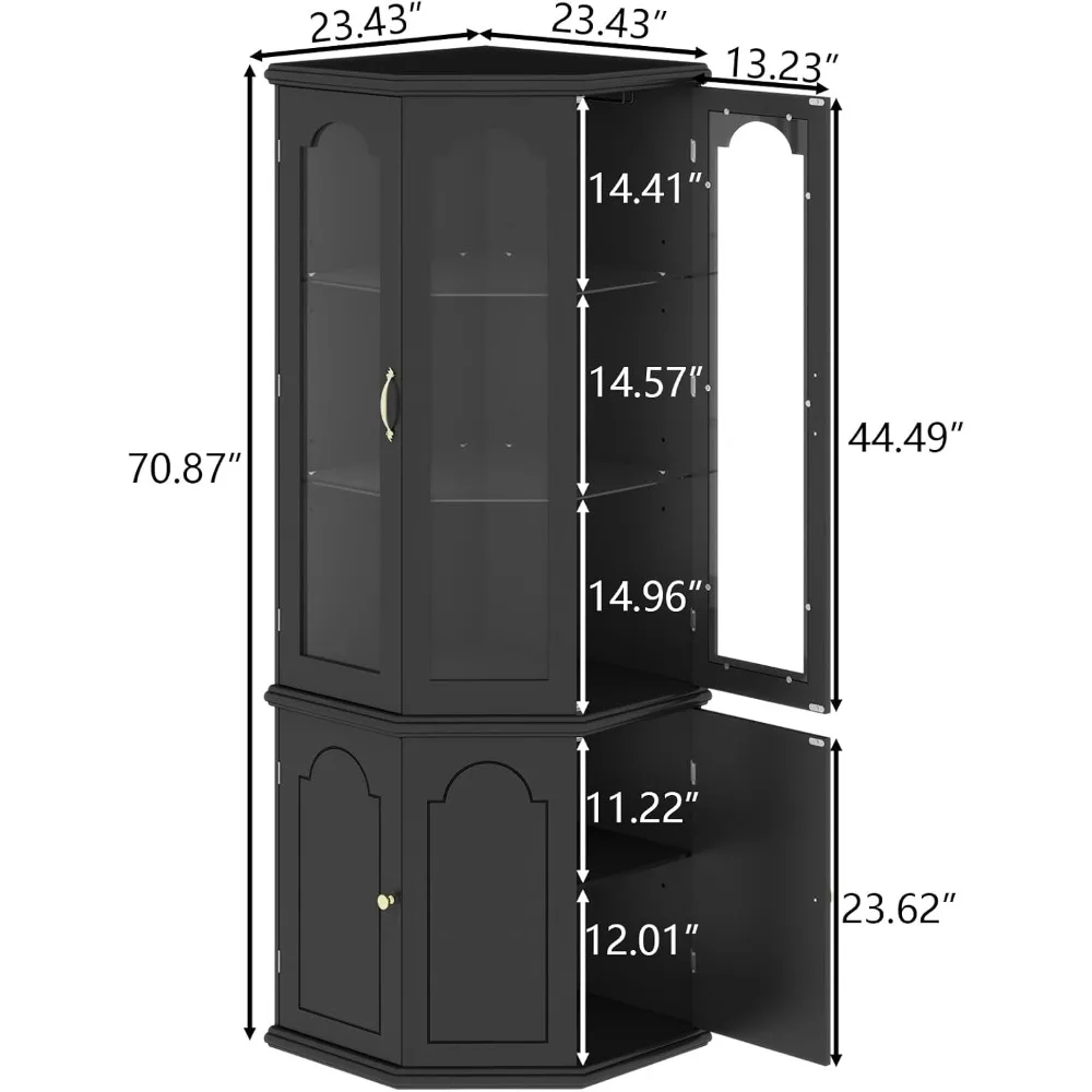 Corner Bar Cabinet w/LED Lights, Tall Modern Wine Cabinet with Tempered Glass Door & Adjustable Shelves, Home Bar Liquor Storage
