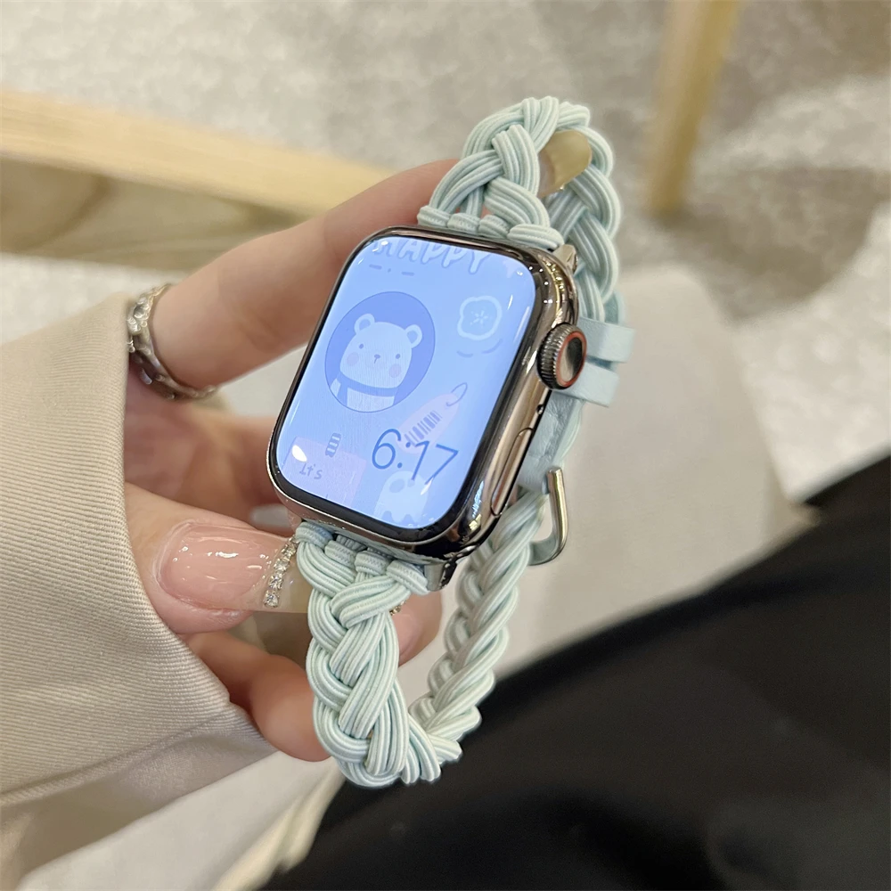 Ładny elastyczny warkocz lina nylonowa pasek do Apple Watch 44mm 40 45 41 49 42 38mm zimowa bransoletka dla Ultra serii 9 8 SE 7 6 5 4 3