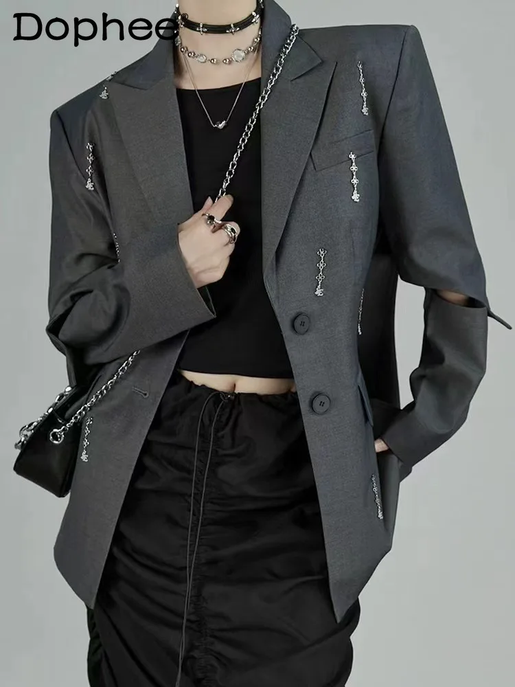 

Long Sleeve Hollow-out Tassels Loose-Fitting Suit Blazer Women 2024 Spring and Autumn Mid-Length Two-Button Suit Jacket Female