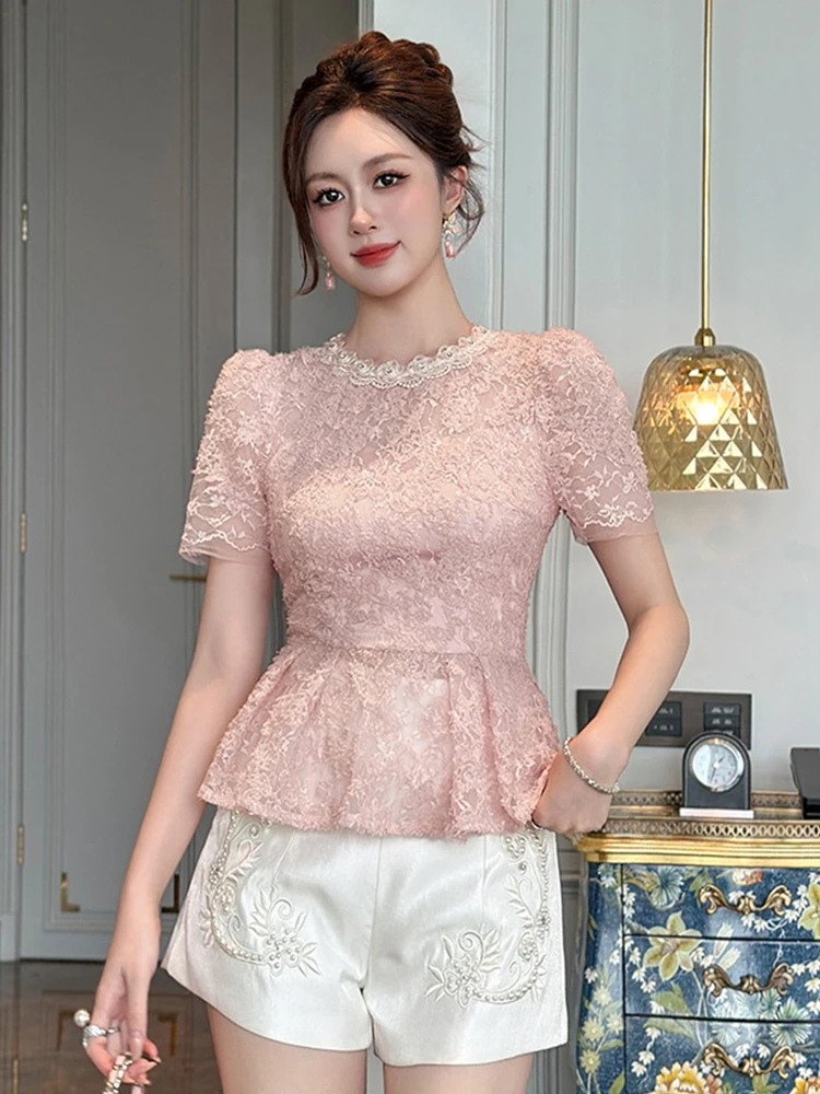 

Women's Exquisite Cute Lace Peplum Blouse Lady Diamond Trim Sheer Mesh Tops Elegant Style Dates T-shirt Party Club Clothes Femme