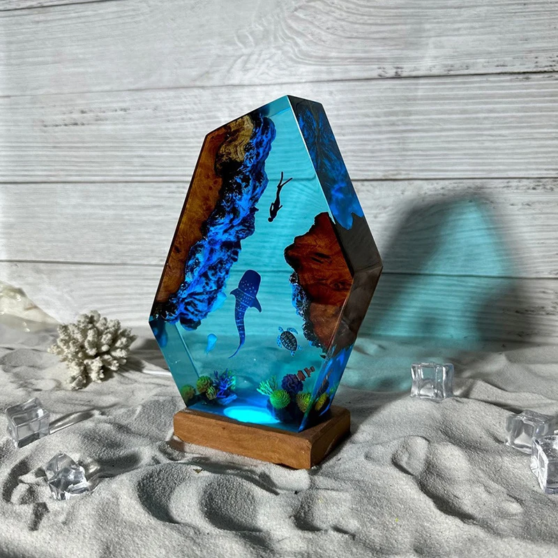 المحيط العضوية الراتنج مصباح الإبداعية الفن ليلة ضوء الحرفية تحت سطح البحر الحوت غواص المناظر الطبيعية الديكور الجدول مصباح USB شحن