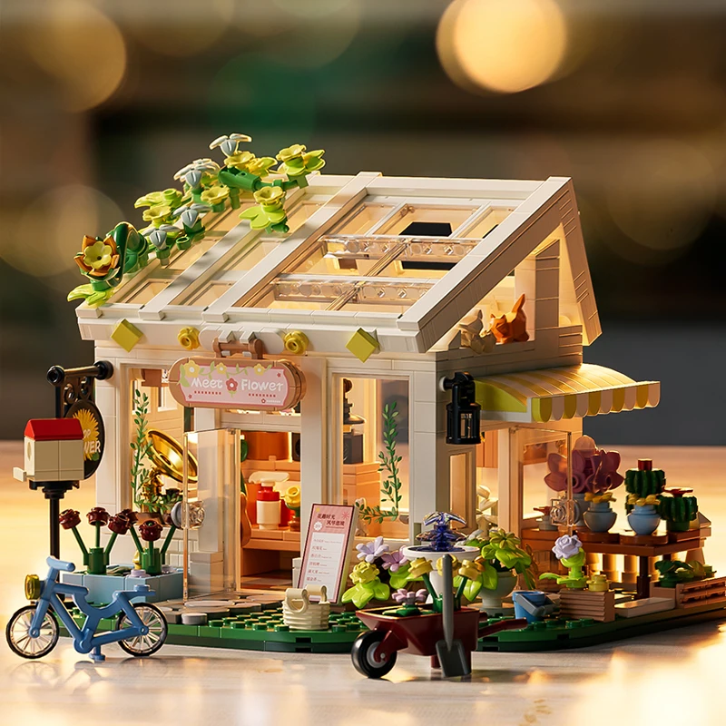 

KAVO Newest Flower Shop Building Blocks DIY Creative Civy View home Architecture Greenhouse Building Bricks Toys For Kids Gifts