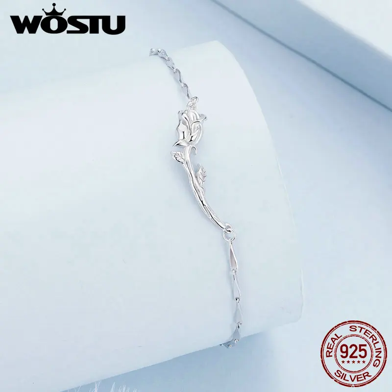 WOSTU 925 Sterling Silver Rose Bracelet Simple Vintage Jewelry for Women Date Wedding Engagement Party Jewelry Gift 165+55mm