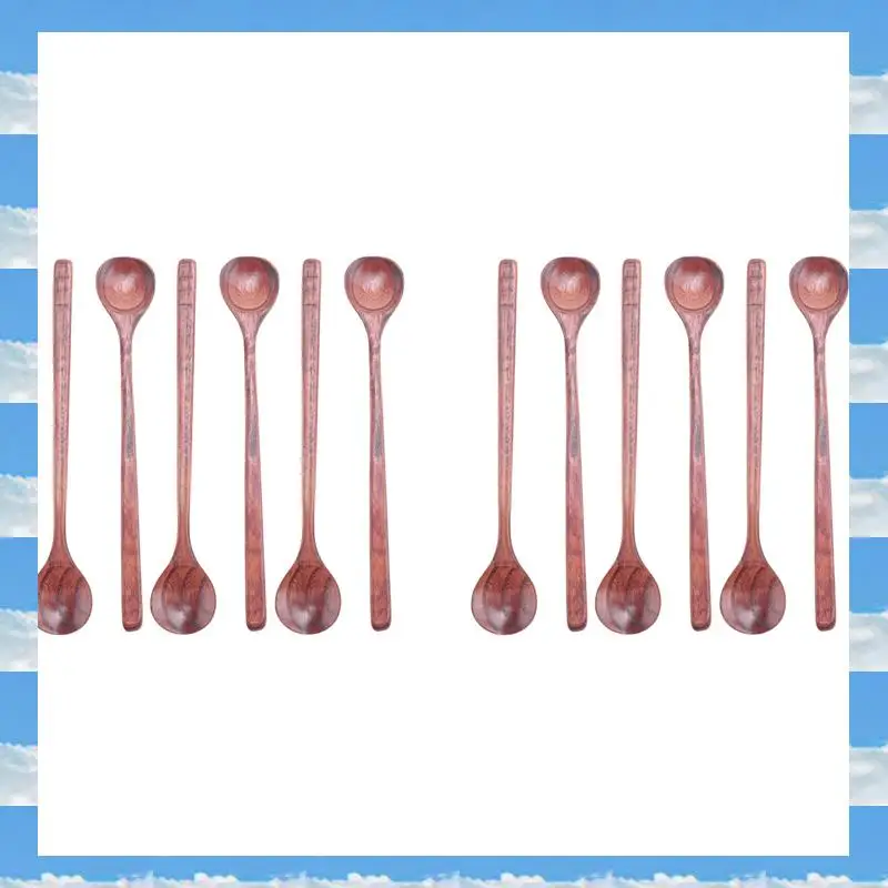 

A11I 12 Pieces Wooden Long Spoons Long Handle Round Spoons Korean Style Soup Spoons For Soup Cooking Mixing Stirring Kitchen