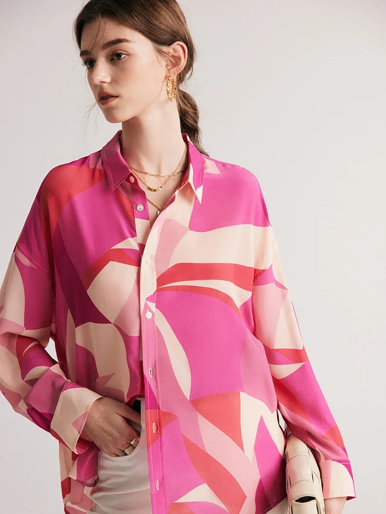 

Women Printed Shirts, 100%Silk Crepe De Chine, Single Breasted, Loose Chic Blouses,2024 Spring Summer Office Lady Top