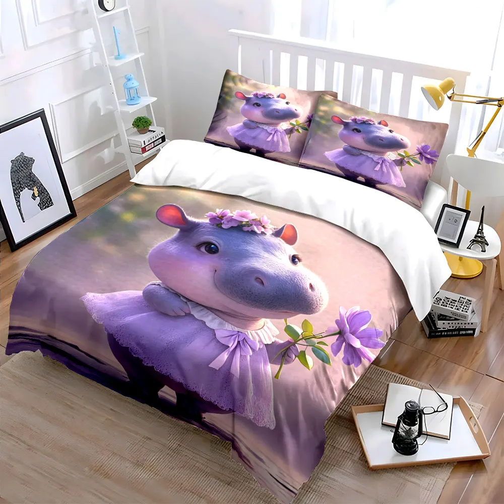 Cute hippo holding purple flower Print Bedding Set 1 Duvet Cover 2 Pillowcases for Adult and Children Luxury Gift Full Size