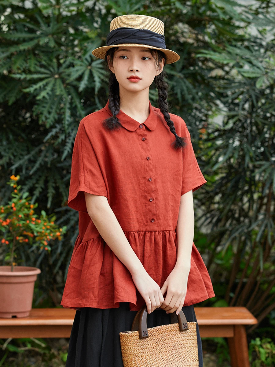 

Orange Red Linen Shirt Women's Summer Thin Casual Loose Fit Short Sleeve Top Breathable Comfortable Versatile Basic Style