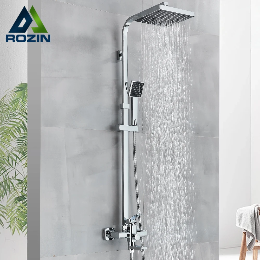 Rozin Chrome Shower Faucet Set Wall Mounted Bathroom Rainfall Mixer System Towel Swivel Spout Bathtub Shower Hot Cold  Mixer Tap