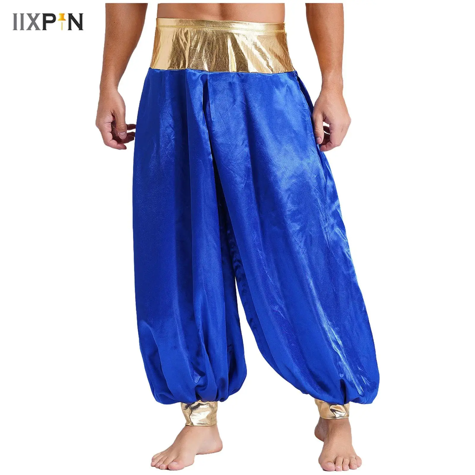 Mens Halloween Arabian Indian Prince Cosplay Costume Stain Shiny Harem Trousers Pants Carnival Party Dress Up Lantern Long Pants