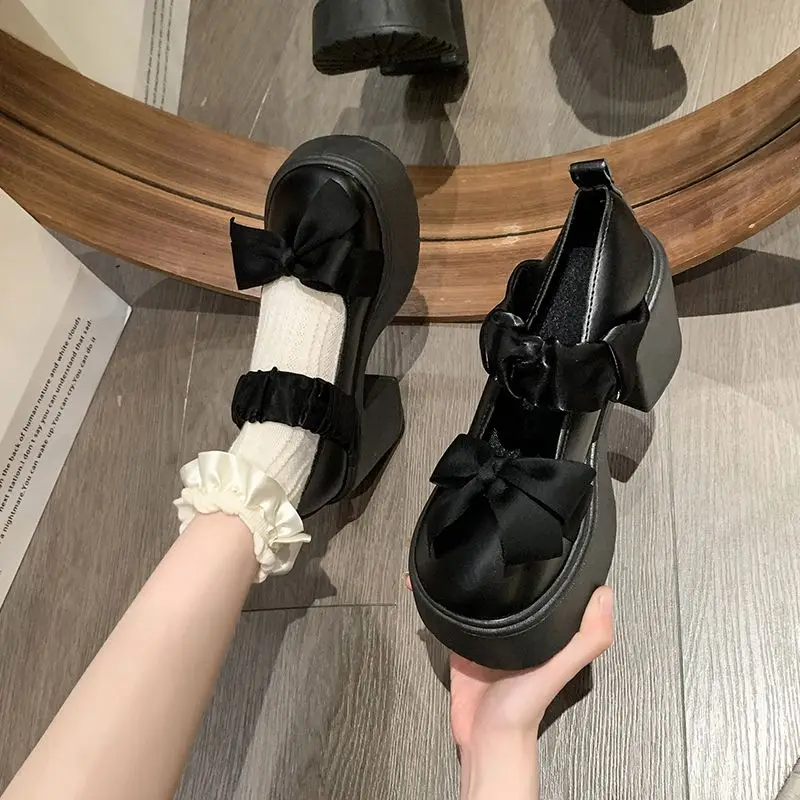 

​2025 New Japanese Style Chunky Sole Mary Jane Loafers for Women Spring Summer High Heel Leather Shoes with Bow Design​