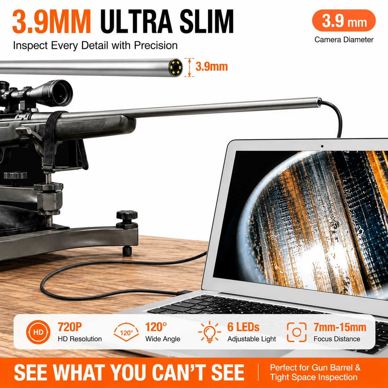 

5.0mm 3.9mm Rifle Bore scope Barrel Endoscope Camera Suitable for 0.2-inch Diameter and larger Used with Android and PC