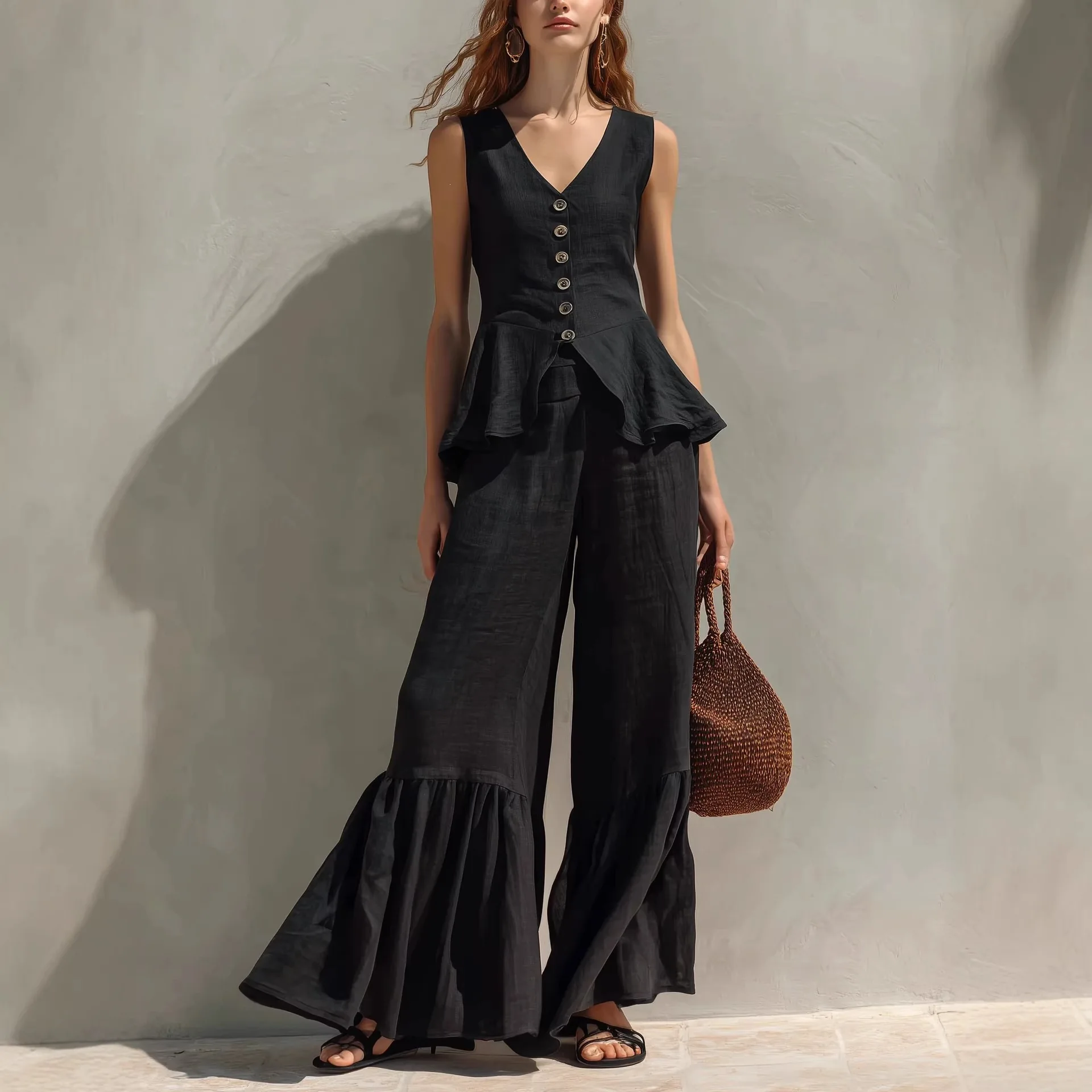 2026 New Women's Linen V-neck Button-up Top Wide-leg Pants with Lace Trim Cross-border Holiday Style Casual Sportswear Set