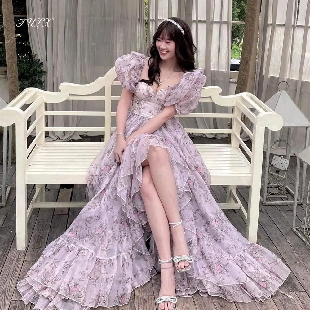 TULX – robe de soirée à imprimé floral violet, manches bouffantes, ligne A, longue à volants, robes d'occasion formelles personnalisées