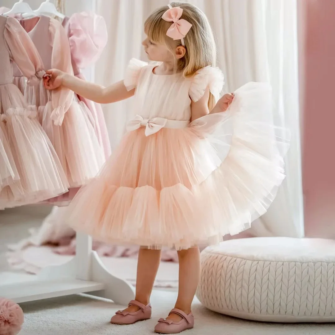 Vestidos de niña de flores personalizados para boda con lazos, tul hasta la rodilla, vestidos de fiesta de cumpleaños para bebés y niños de primera comunión