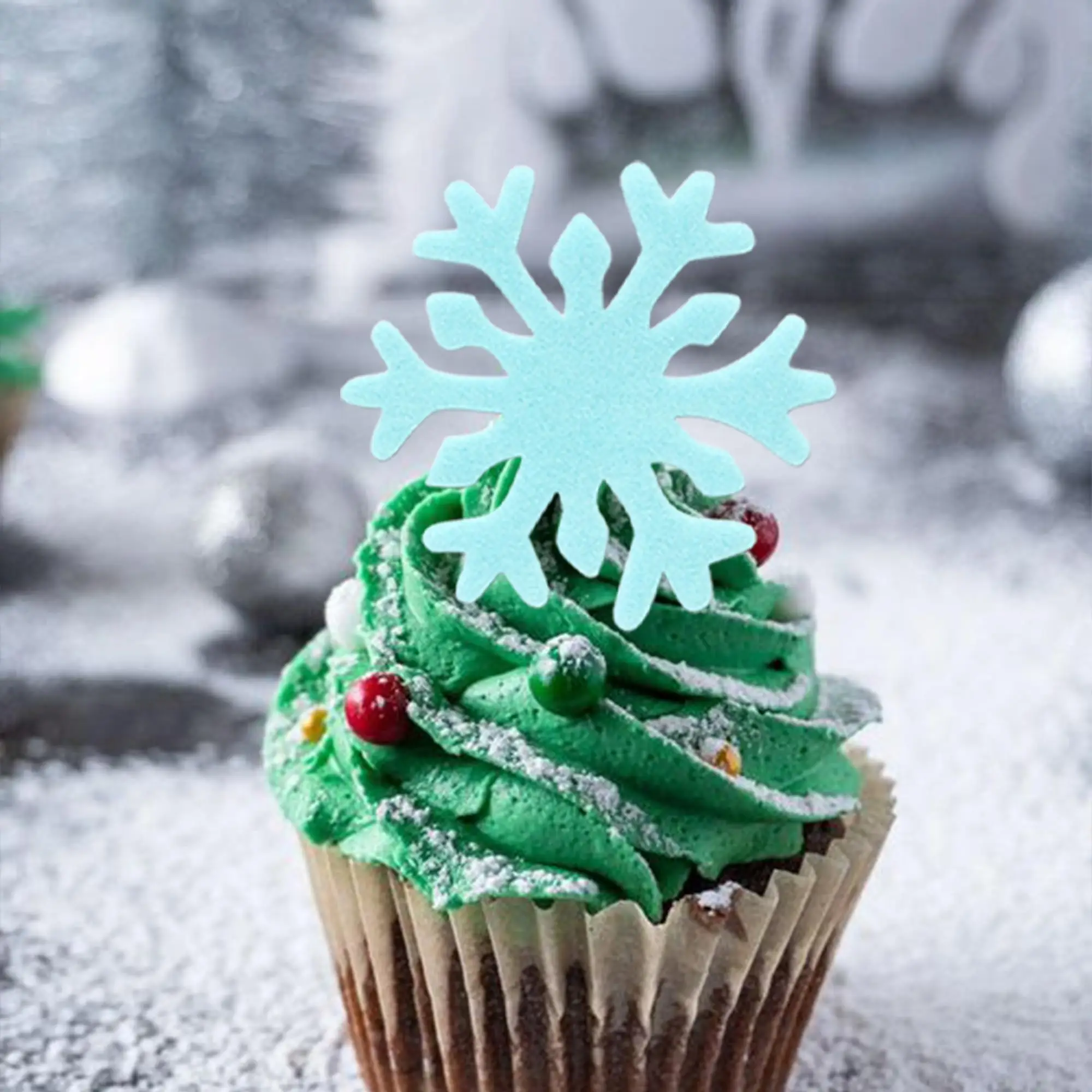 50Pcs Blue White Cupcake Topper，Cake Snowflakes Cake Decoration Winter Frozen Birthday Party Supplies，Glutinous Rice Paper