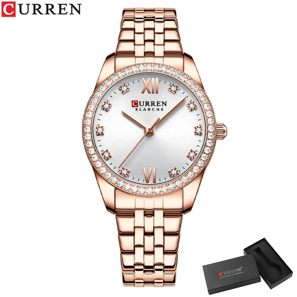 Curren klassische einfache Edelstahl Quarzuhren für Frauen Rose Zifferblatt mit Strass charmante Armbanduhren 6