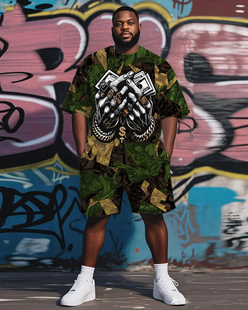 

S-9XL Men's Large Size Hip-Hop Short-Sleeved T-Shirt Shorts Two-Piece Set