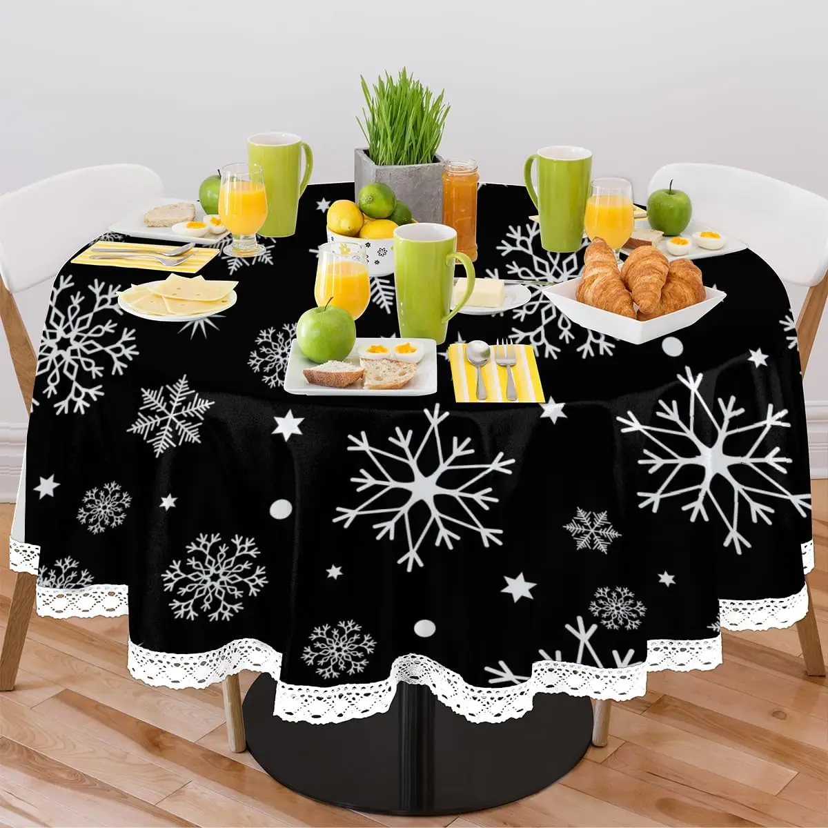 

Winter Snowflakes Round Tablecloth with Lace Trim Table Cloth Waterproof Wrinkle Resistant Machine Washable Tablecloth
