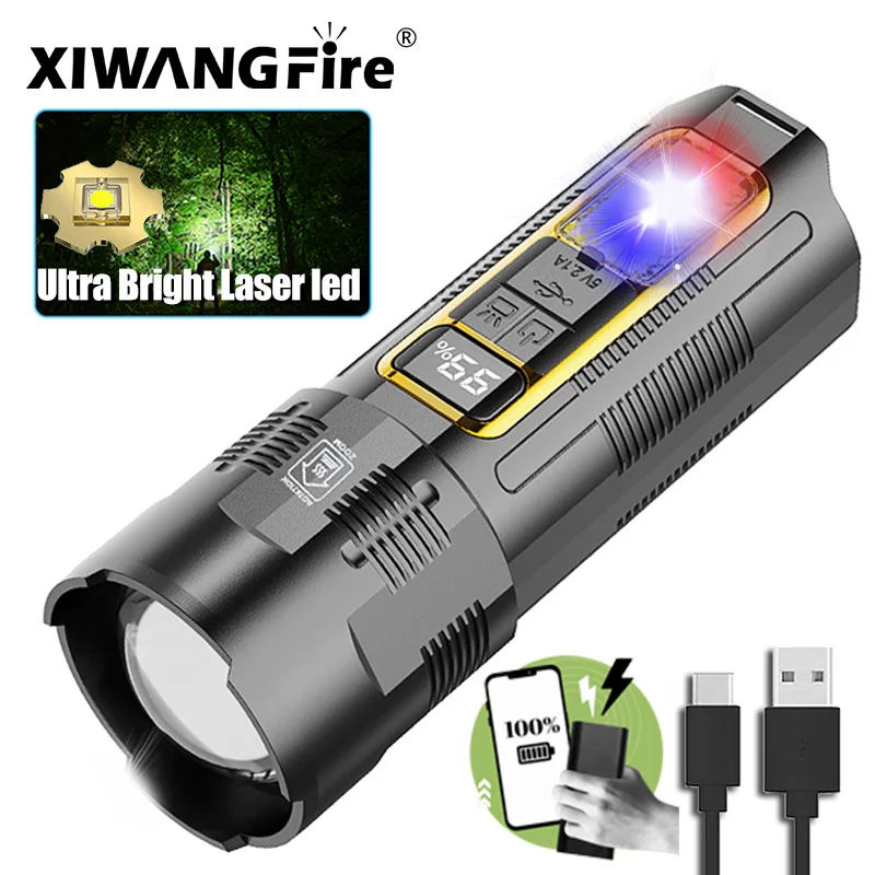 Powerful Laser LED Flashlight Portable Telescopic Zoom Torch Built-in Rechargable Battery Outdoor Hiking Camping Fishing Lantern