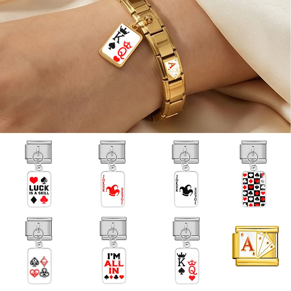 Playing Cards Ace of Spades Hearts Italian Charm Link Fit 9mm Stainless Steel DIY Beads Red Black Color Fashion Jewerly Gift