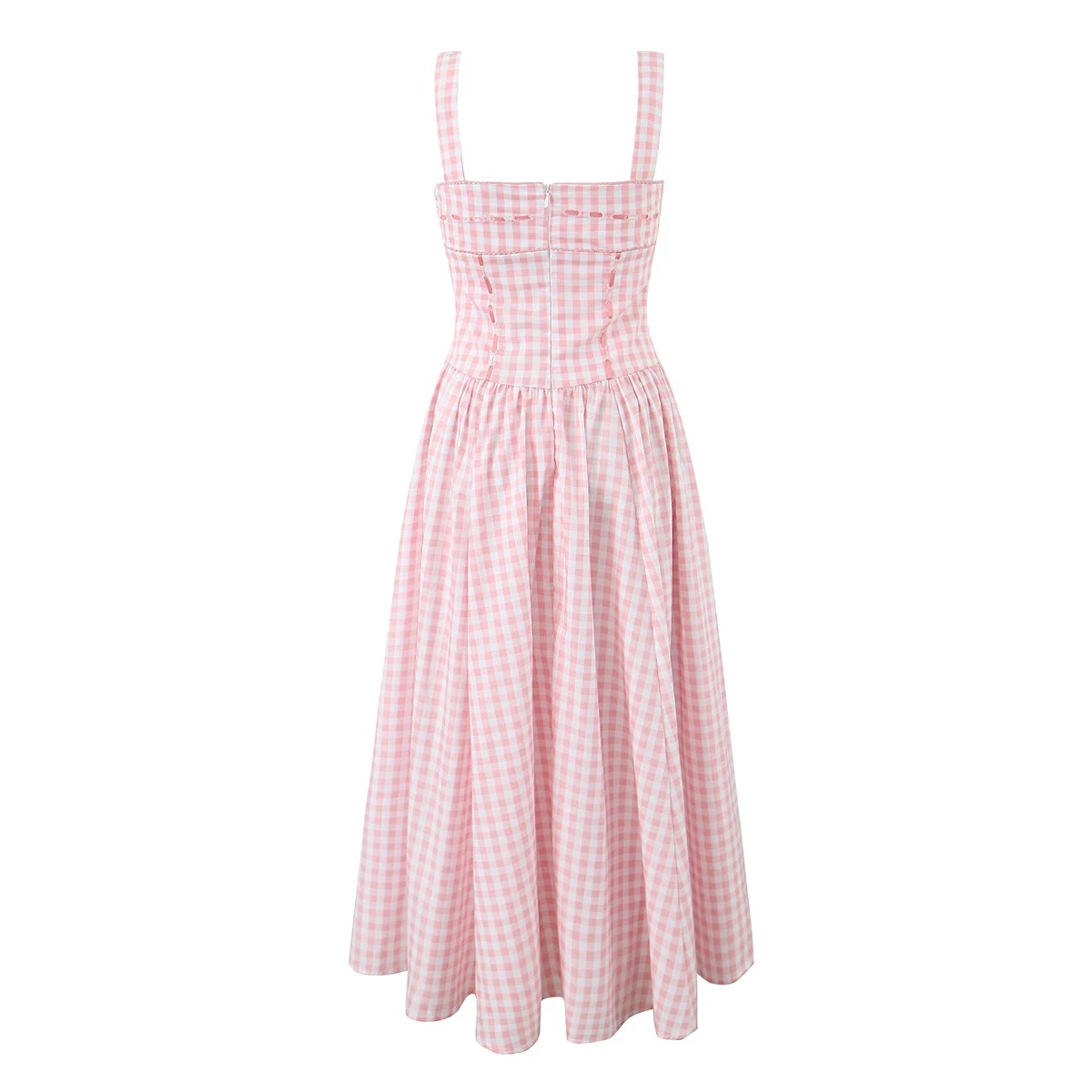 2024 Sweet Pink White Plaid Slash Collar Tank Dress Women Cross Ribbon Eyelet Hole Slim Low Waist Folds A-line Swing Midi Robe