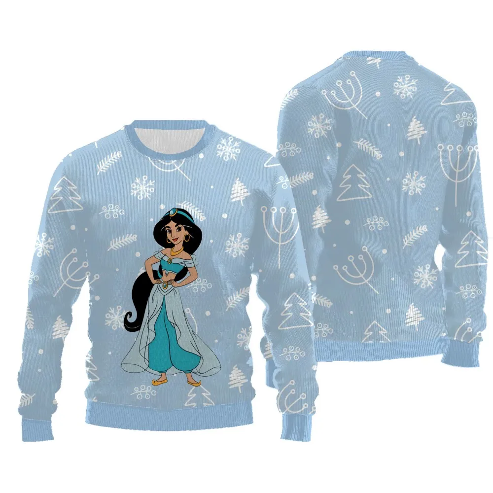 Disney Princess Pattern Printed Christmas Sweater for Women Casual Long Sleeves Sweatshirt Round Neck Thick Style Warm Pullover