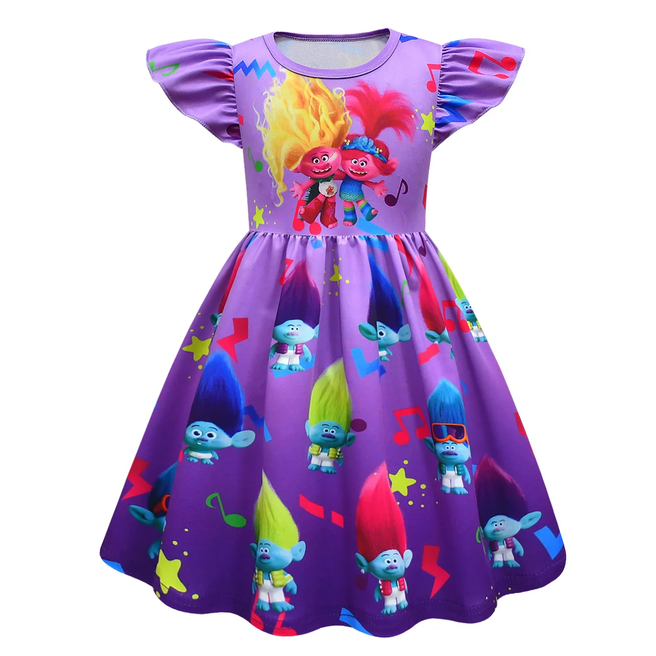 Children's Cartoon Dress Trolls3 Magic Hair Elf 3 Girl's Flying Sleeves A-line Dress