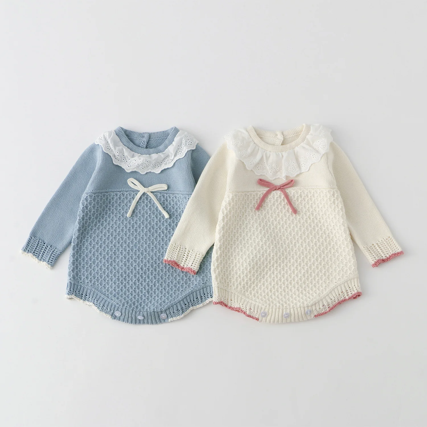 2026 Autumn New Baby Girl Long Sleeve Knitted Bodysuit Infant Sweet Lace Lapel Bow Jumpsuit Cotton Newborn Clothes 0-24M