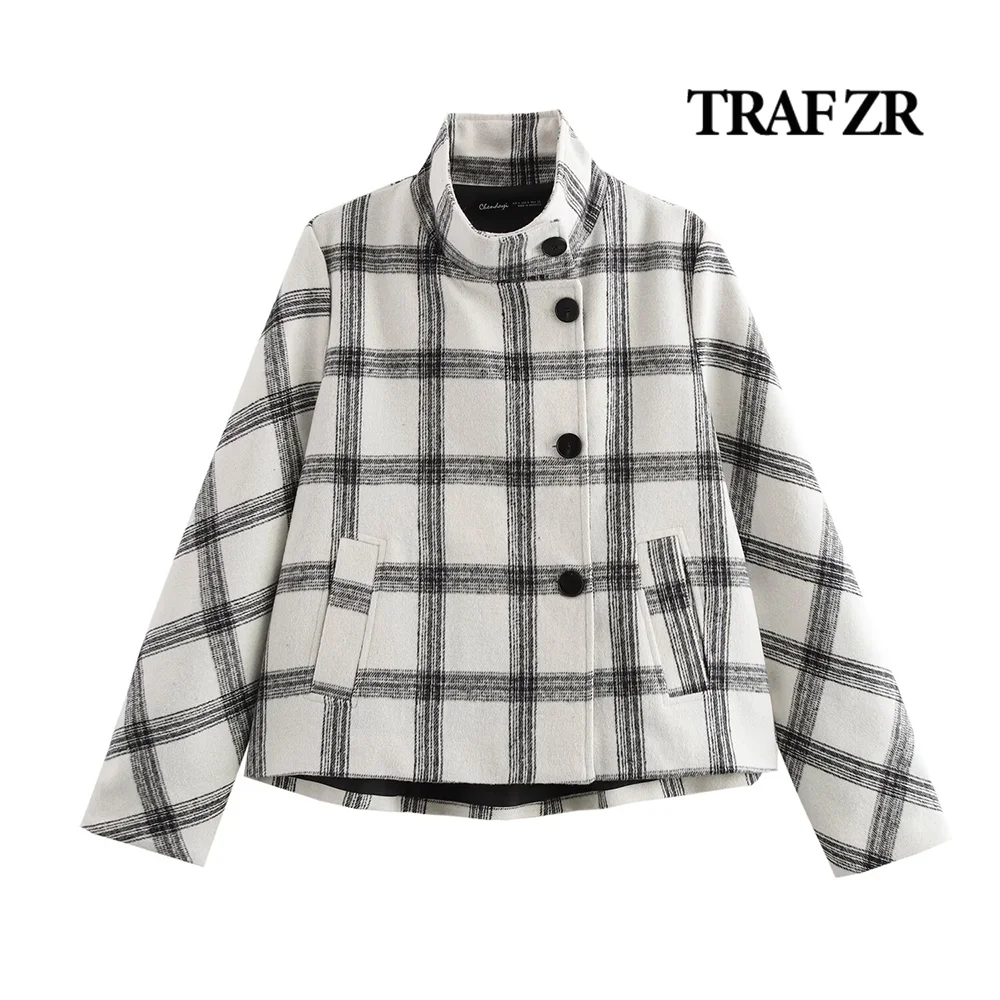 TRAF ZR Elegant Women's High Neck & Long Sleeves Plaid Jacket Featuring Double-breasted Button Fastening Fashion Lady Streetwear