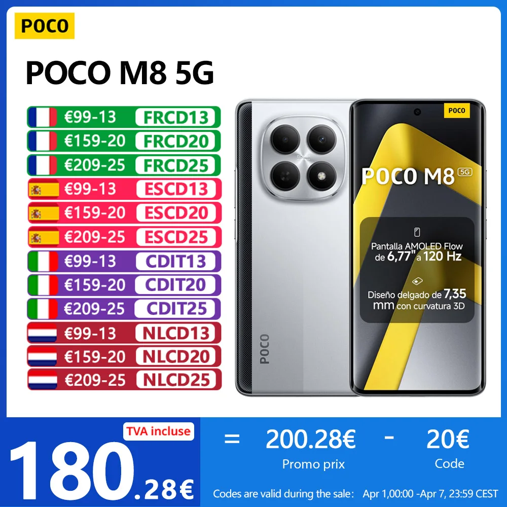 POCO M8 5G, NFC, Snapdragon® 6 Gen 3, Pantalla Flow AMOLED 6.77" 120 Hz, Cámara de 50 MP, 5520 mAh, IP65