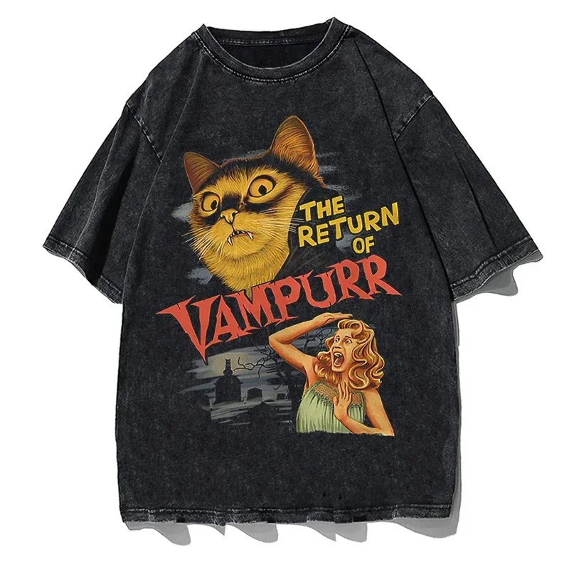 The Return Of Vampurr T-Shirt Y2K Gothic Men O Neck Cool Summer Wash Denim T Shirts Short Sleeve Tees Fashion Oversized Tops 8XL