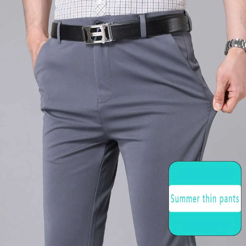 Pantalones informales de negocios finos a la moda para primavera y otoño para hombre, pantalones largos, pantalones formales de pierna recta elástica para hombre, talla grande 31-40