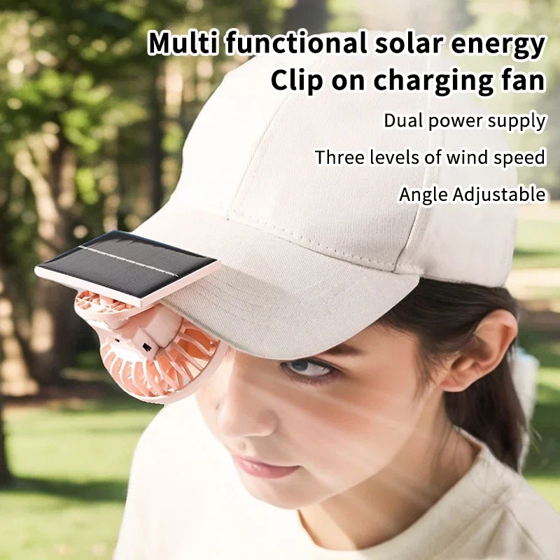 Solar Powered Clip On Fan USB Rechargeable 3 Speed Lightweight Mini Hat Fan Hands Free Clip On Cooling Fan For Outdoor Hiking