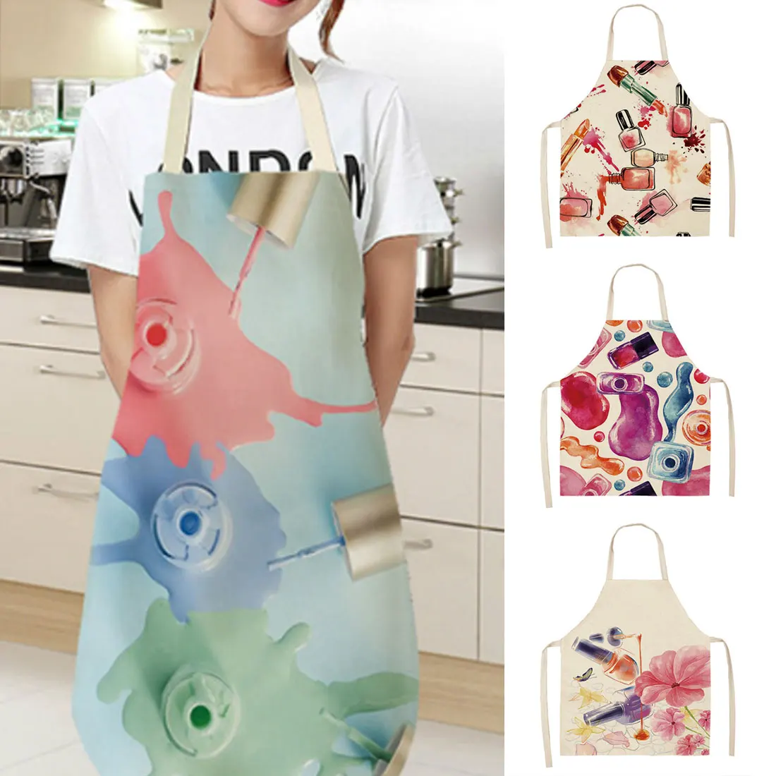 New Linen Apron Colorful Nail Polish Cosmetics Theme Print Kitchen Aprons Unisex Dinner Party Cooking Bib Funny Cleaning Apron