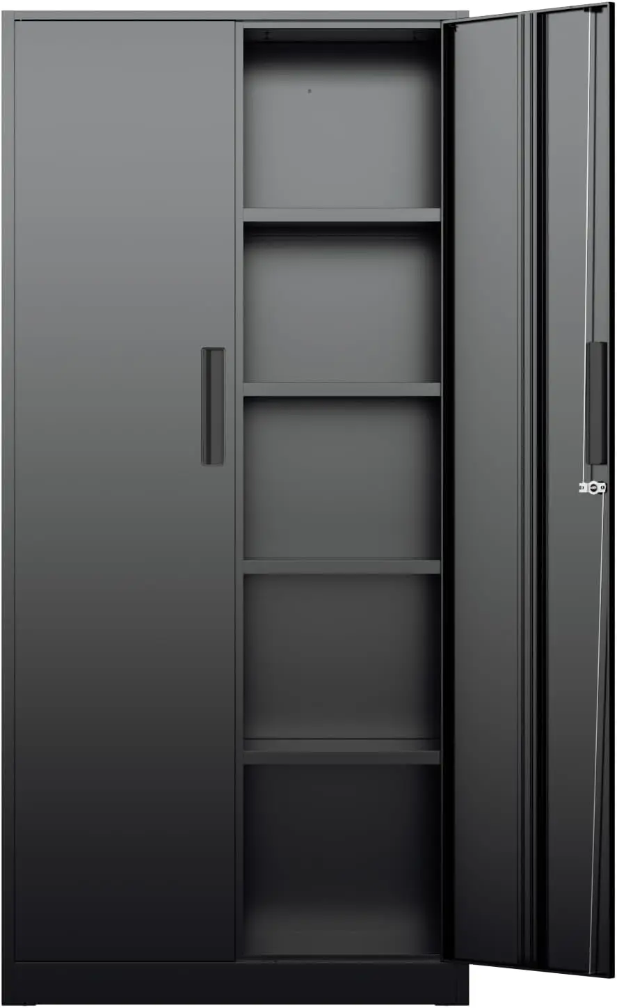 Tall Metal Storage Cabinet Organizer, Locking Steel Utility Cupboard With Four Adjustable Shelves, Heavy Duty Floor Standing Locker For Warehouse Home Office, Modern Black Furniture