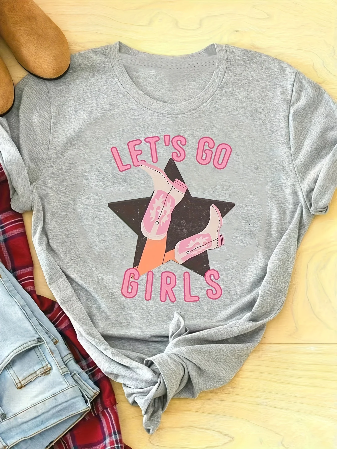 1191Lets Go Girls Star & Letter Print Crew Neck T-Shirt, Casual Short Sleeve Top For Spring & Summer, Women\'s Clothing