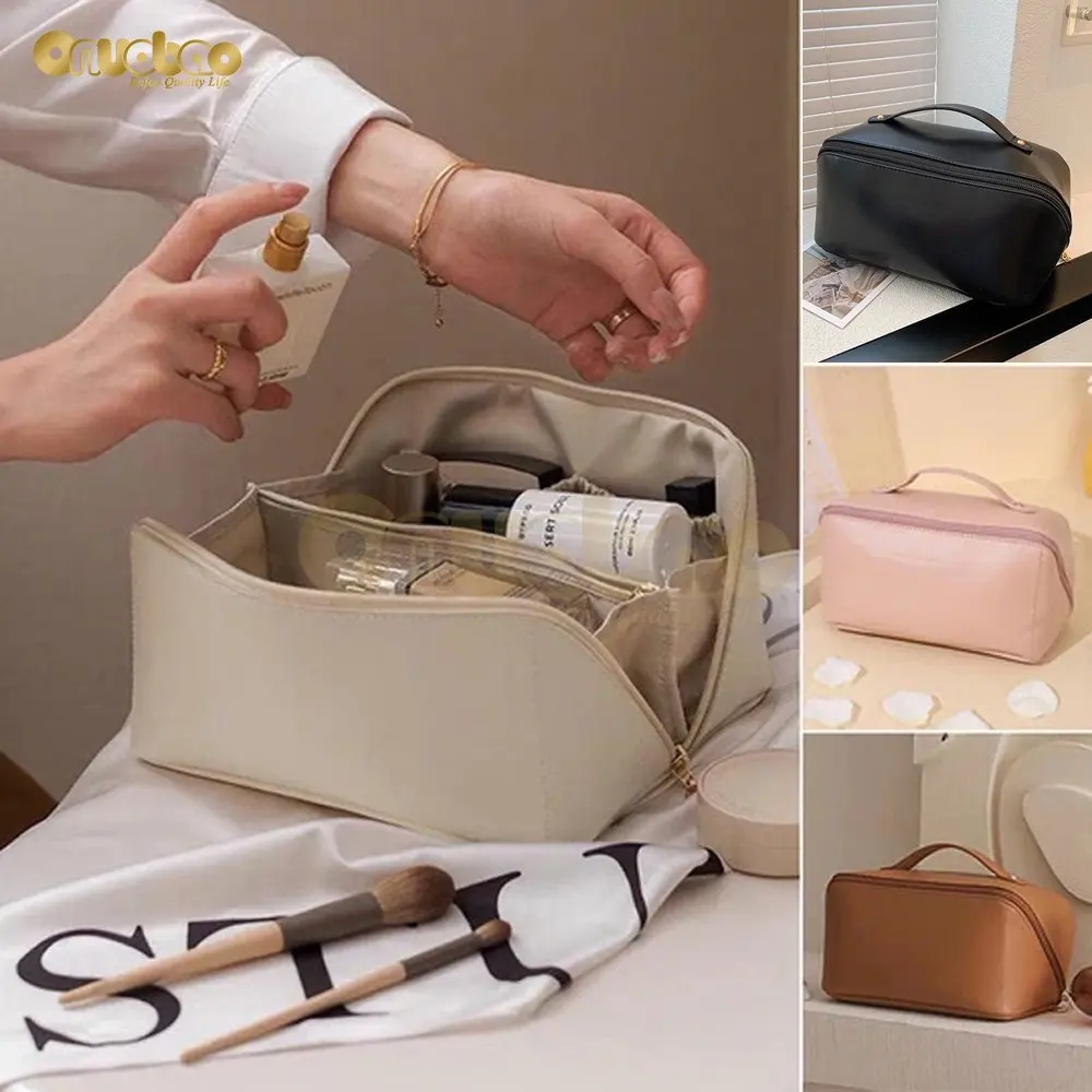 

Cream Leather Makeup Bag Ladies Luxury Organ Pillow Bags PU Cosmetic Bag Large Travel Bag