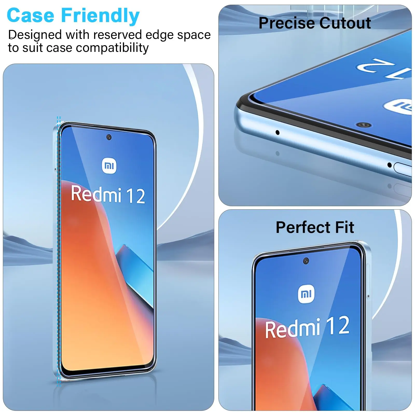 Screen Protector For Redmi 12 Xiaomi, Tempered Glass HD Crystal 9H Anti Scratch High Aluminum Case Friendly