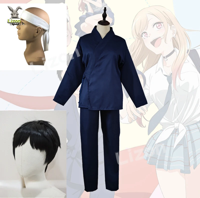 Anime My Dress-Up Darling Wakana Gojo Cosplay Costume Dark Blue Kimono Set Work Outfit Home Wear