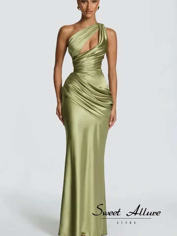 Women Green Ruched Elegant Satin Maxi Dress Mermaid One-shoulder Cutout Slim Fit Flowy Vestido 2026 Lady Summer Evening Vestidos