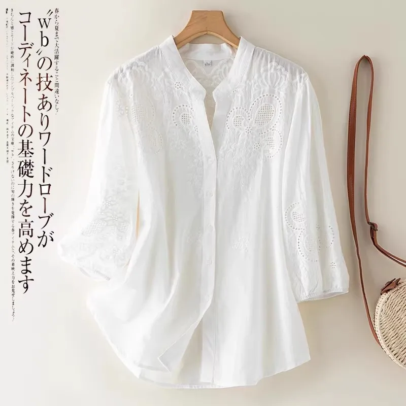 

plus Size Women's Shirt Embroidered Hollow out Sleeve V-Neck Spring Summer Seven-Quarter Length Open Cardigan Style Casual Wear